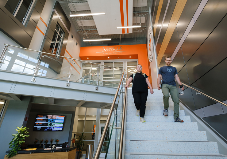 Two students walking down a stairwell